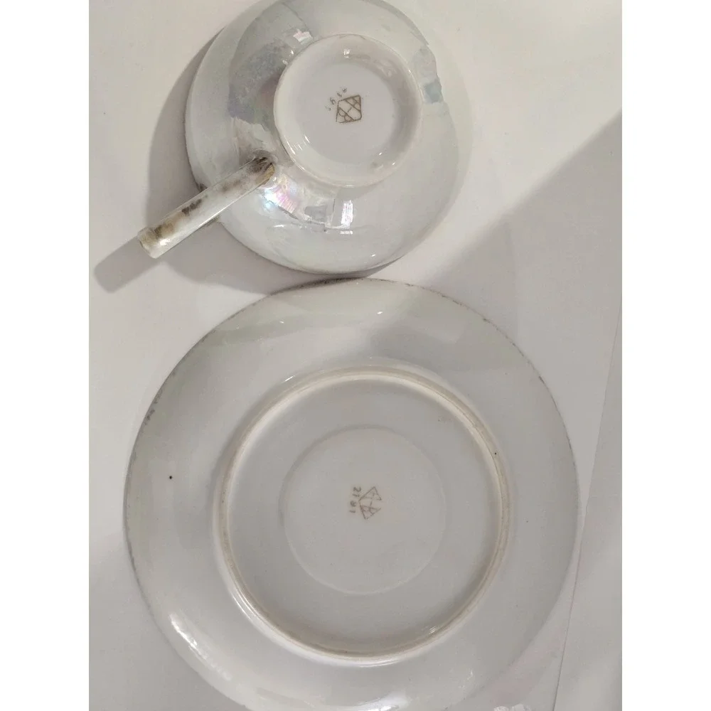 HB China Tea Cup Floral 2191 White Iridescent Gold Trim Gray Lusterware Roses